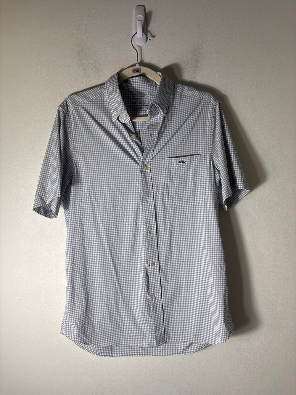 Men's Vineyard Vines OTG Performance Gray White Check Short Sleeve Shirt Sz S